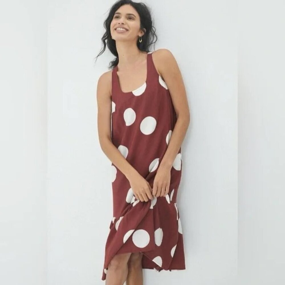 Anthropologie Polka Dot Sleeveless Midi Dress – Rust Brown White Dot Ruffle Hem